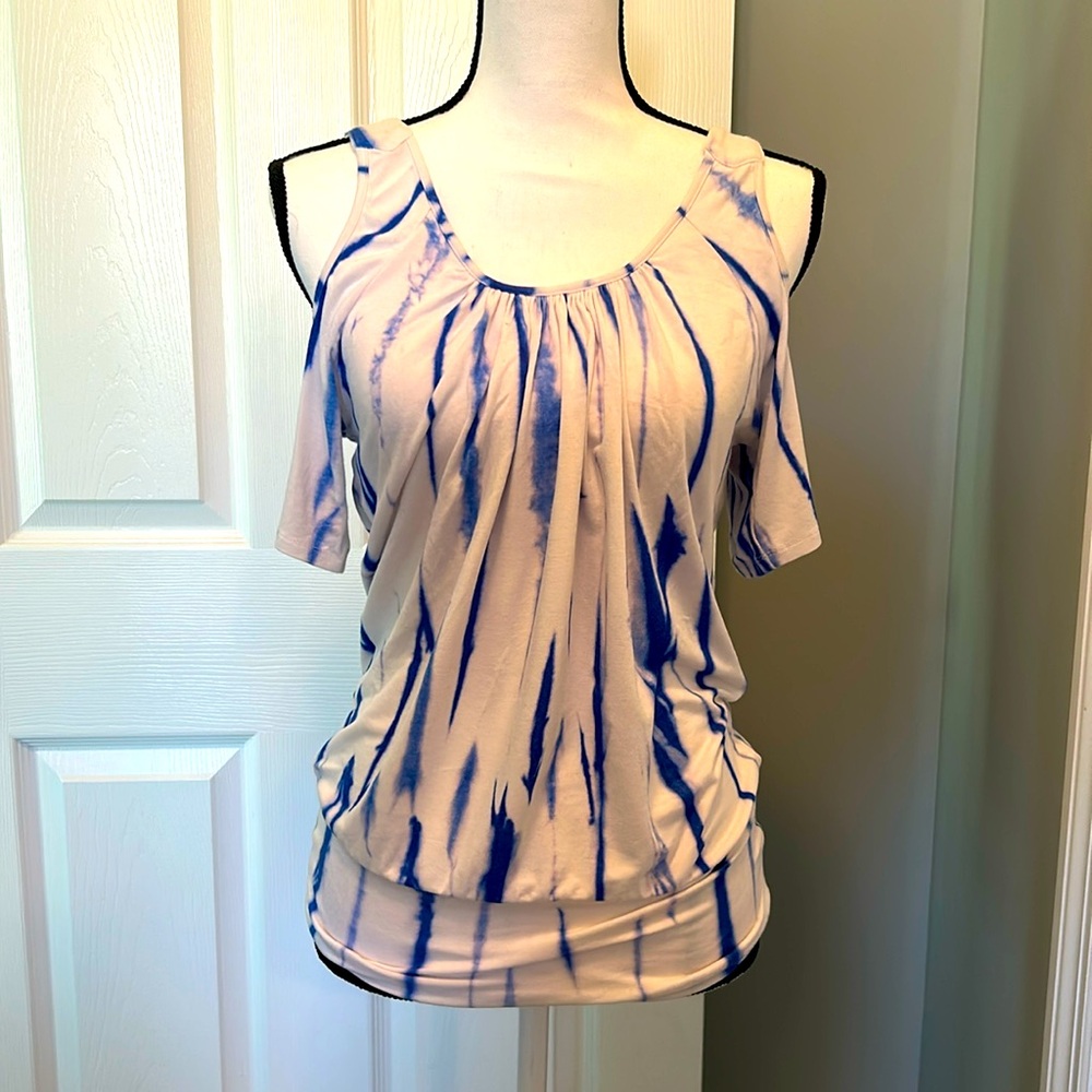 Boston Proper cold shoulder shirt. Blue/white tie dye. Size small.